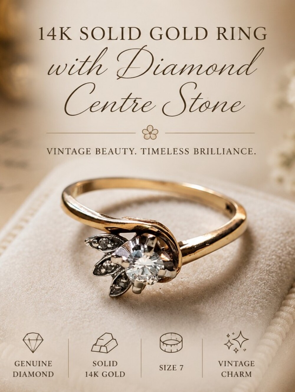 14K Solid Gold Ring with Diamond Center Stone • Size 7 - 1.92g